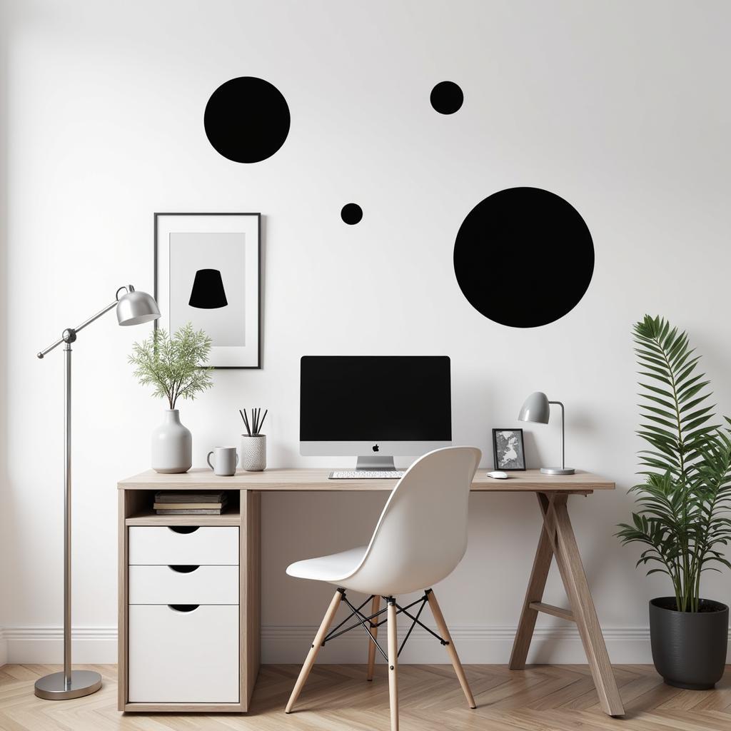 Modern home office featuring geometric wall stickers in a monochrome palette.