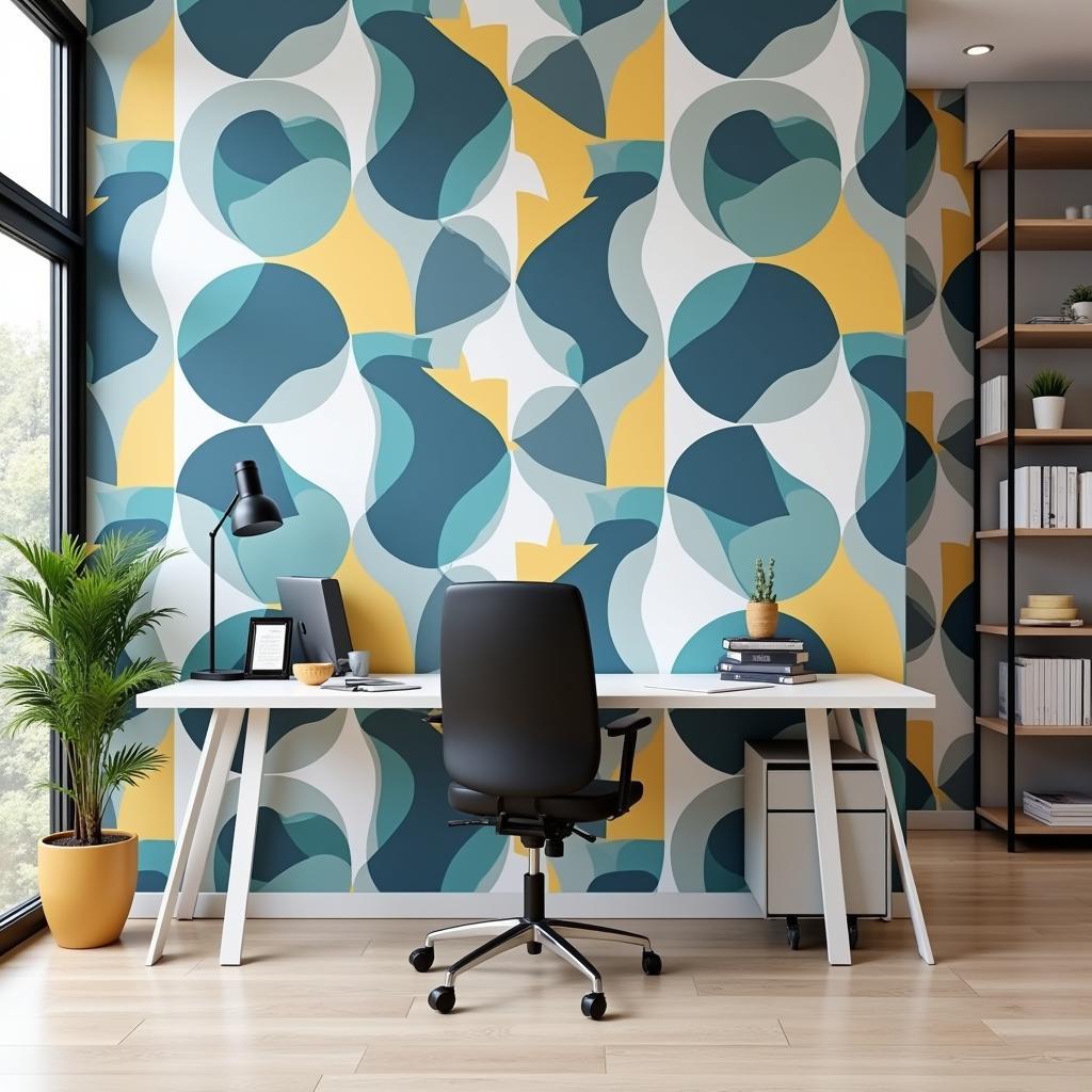 Geometric Wallpaper Mural in a Modern Home Office