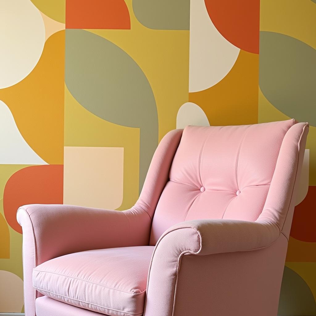 A pastel armchair next to a wall with a geometric pattern.