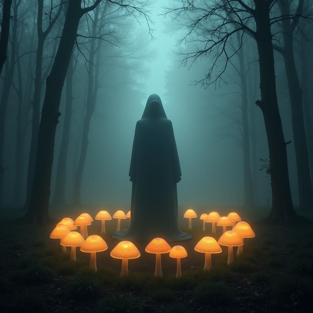 Ghostly figure emerging from mushroom circle