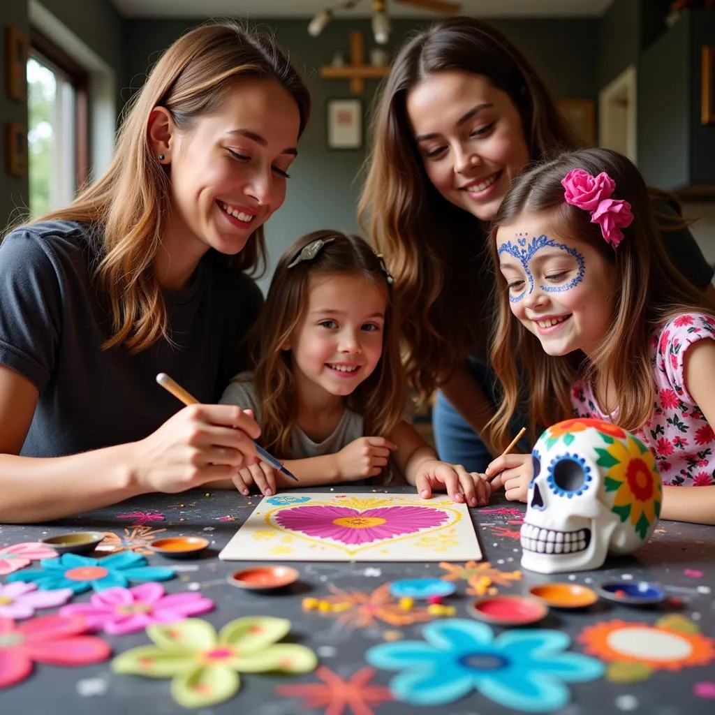 Family painting Dia de Los Muertos art together 