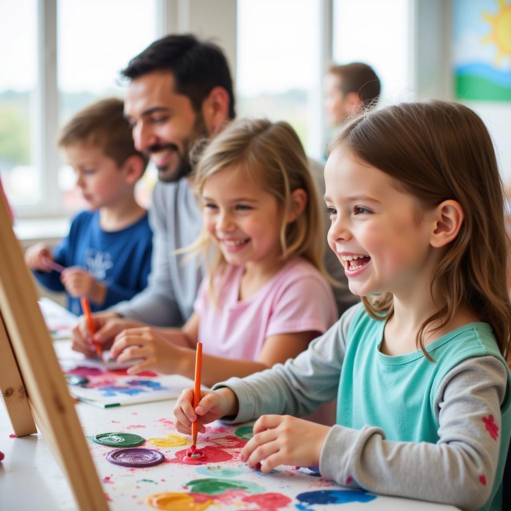 Family participating in a painting activity at the festival