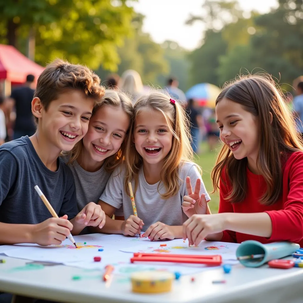 A family smiles brightly as they enjoy the festivities at Arts in the Alley in Grove City, Ohio, with children engaging in art activities.