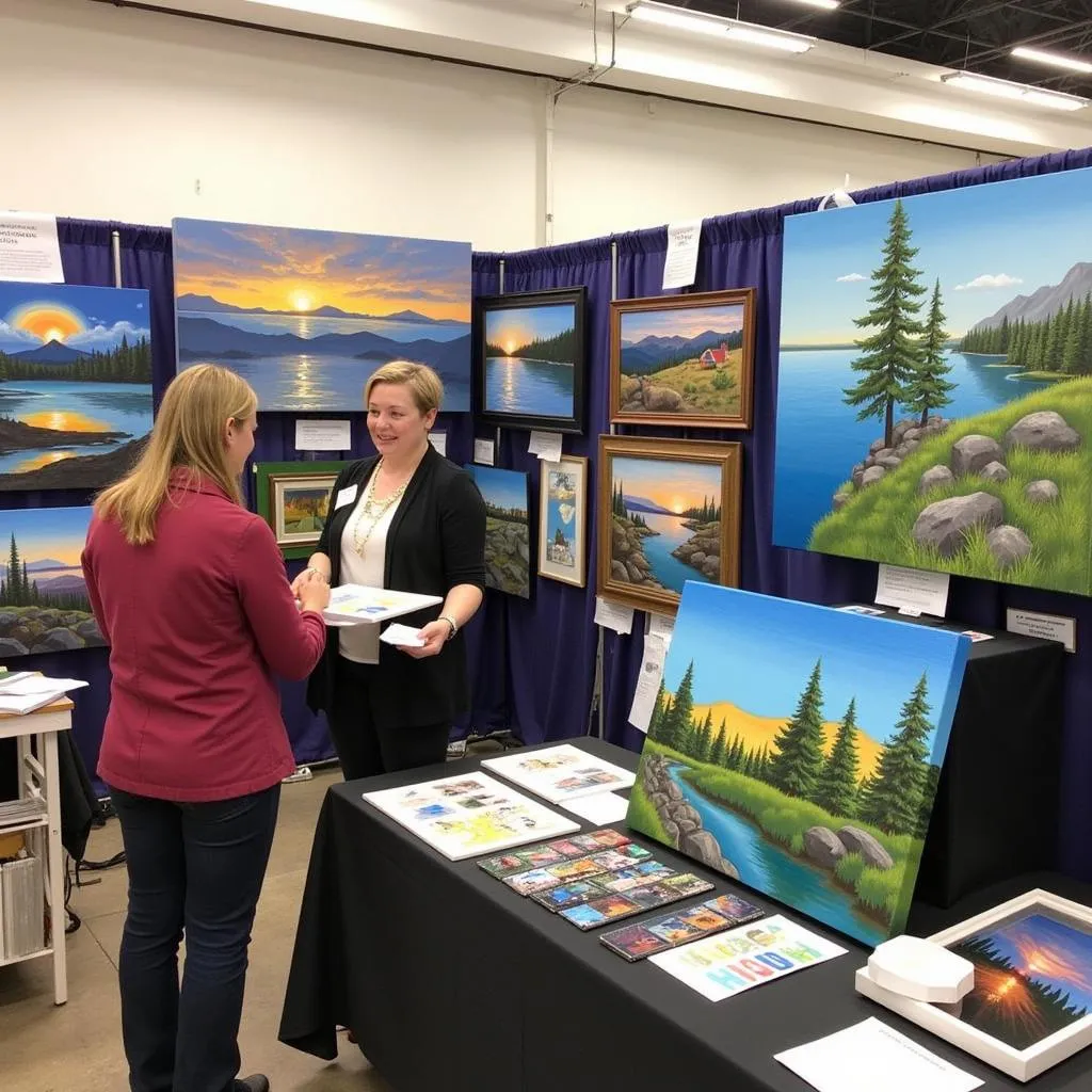 Booth showcasing landscape paintings at the Two Harbors Art Fair