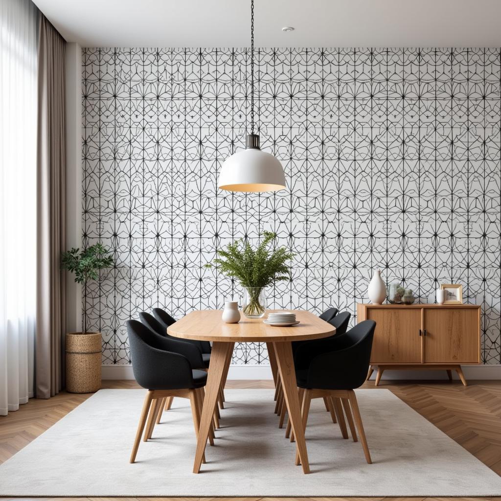 Modern dining room with geometric wall art wallpaper