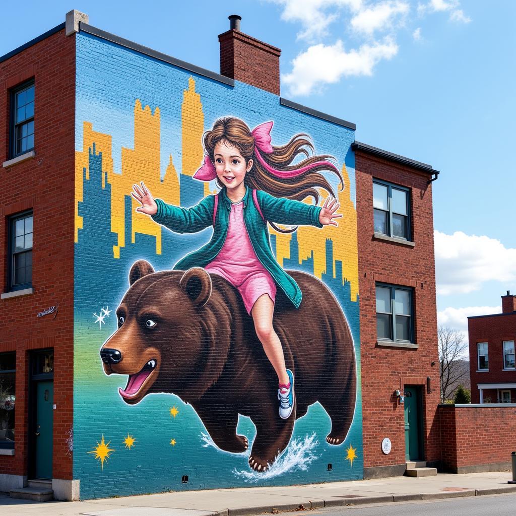 Urban Street Art: Girl and Bear Mural