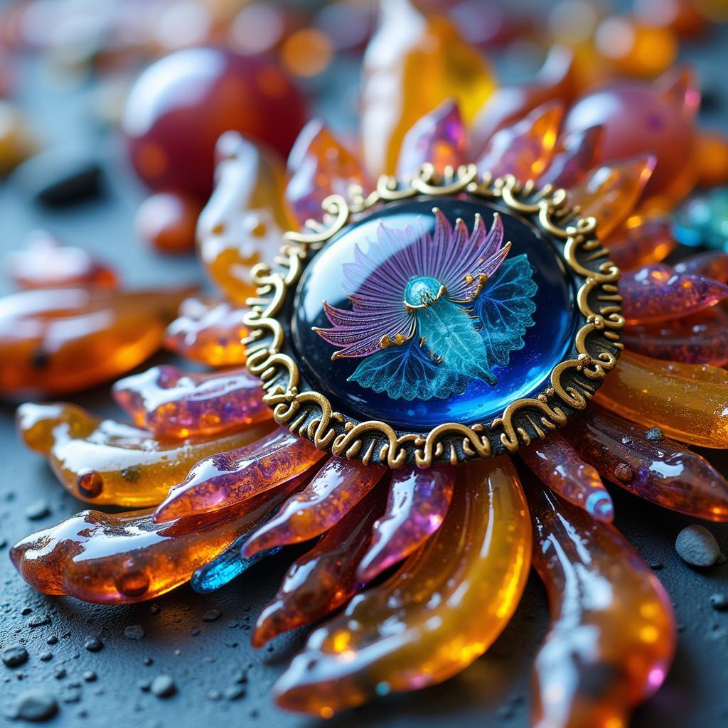 Intricately designed glass 3D art jewelry: earrings, pendants, and rings.