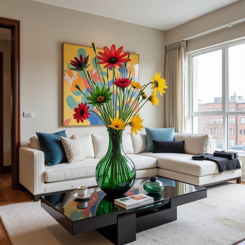 Glass flower art in a living room