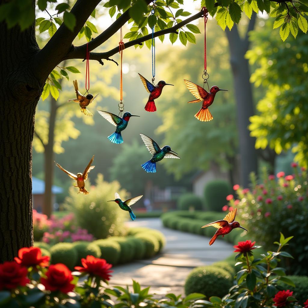 Colorful glass hummingbird ornaments hanging in a garden