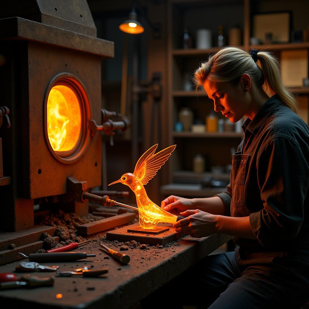 Glassblowing artist creating a hummingbird sculpture