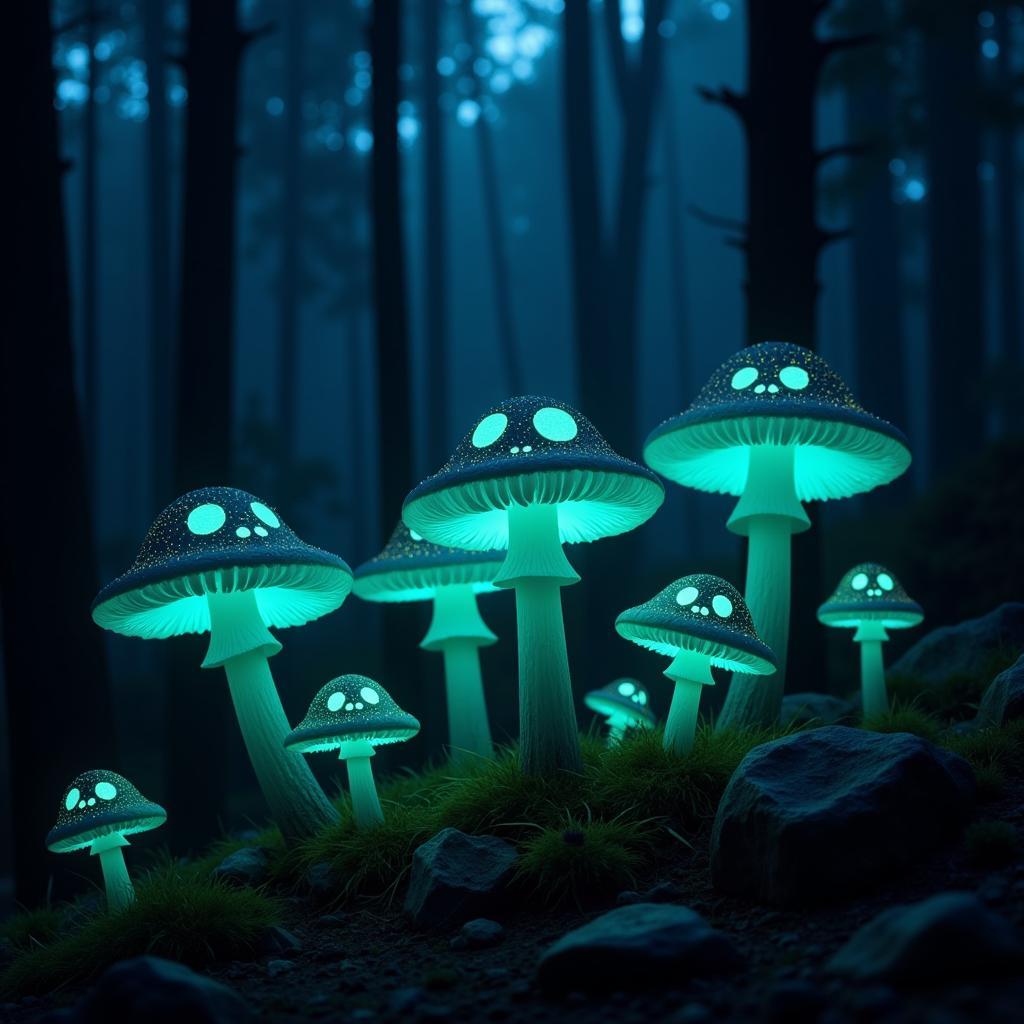 Glowing skull mushrooms in dark forest