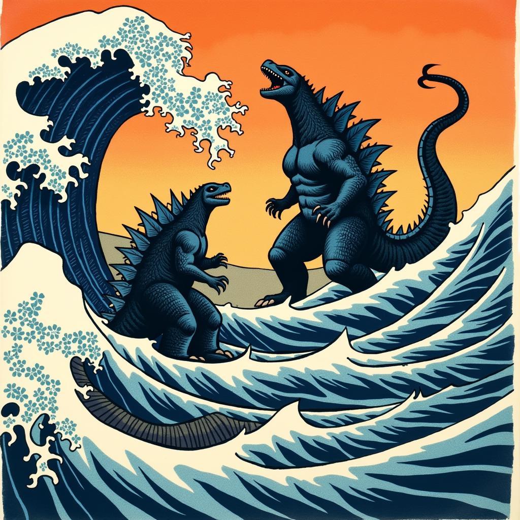 Godzilla Japanese Woodblock Print Poster