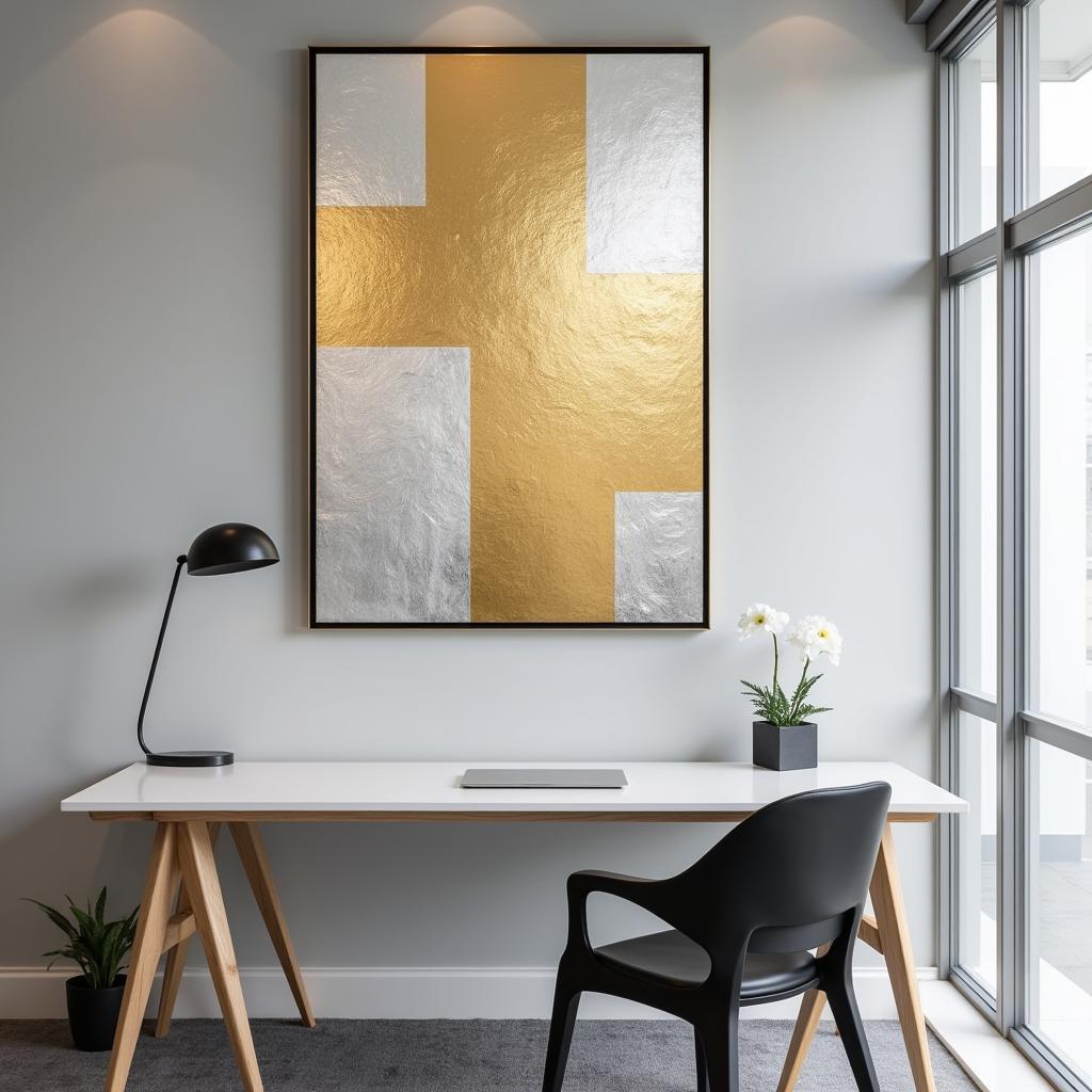 Gold and Silver Abstract Wall Art in an Office Space