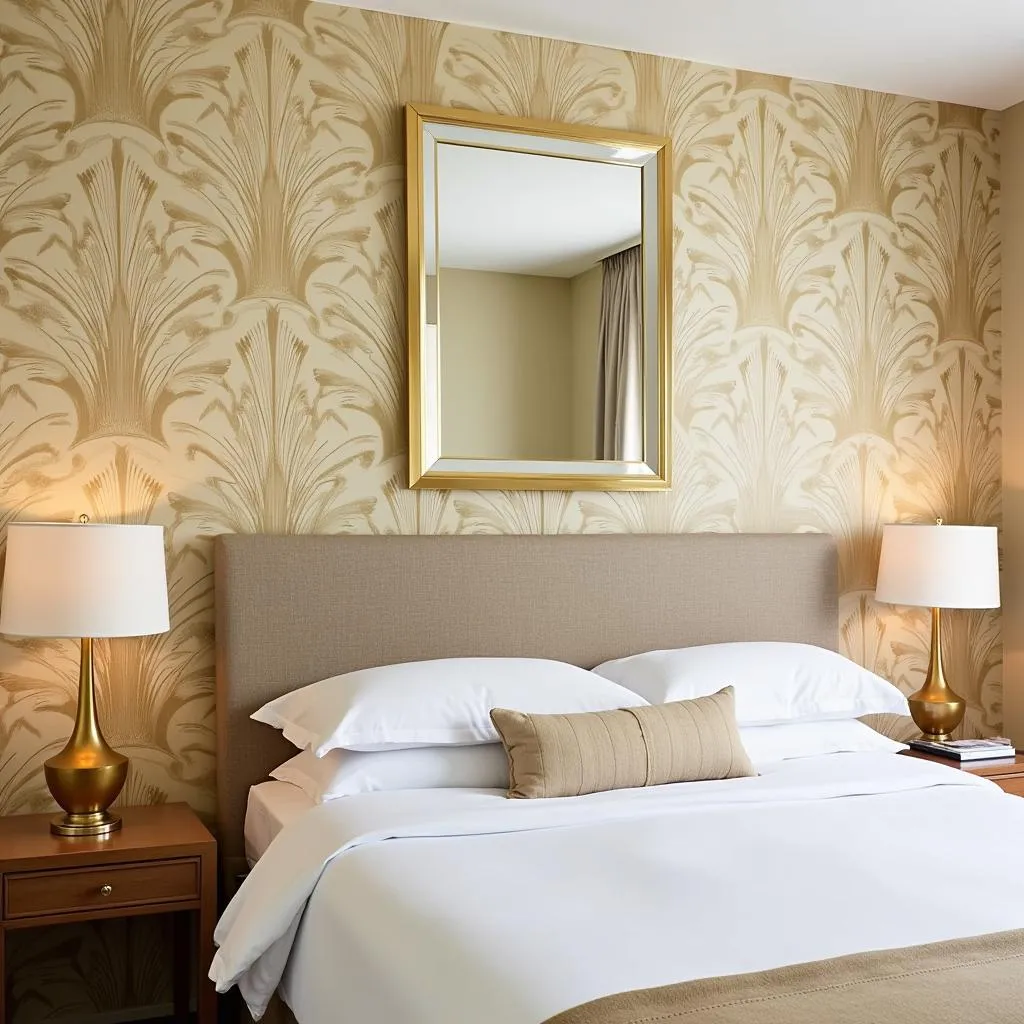 A Serene and Elegant Bedroom with Gold Art Deco Wallpaper