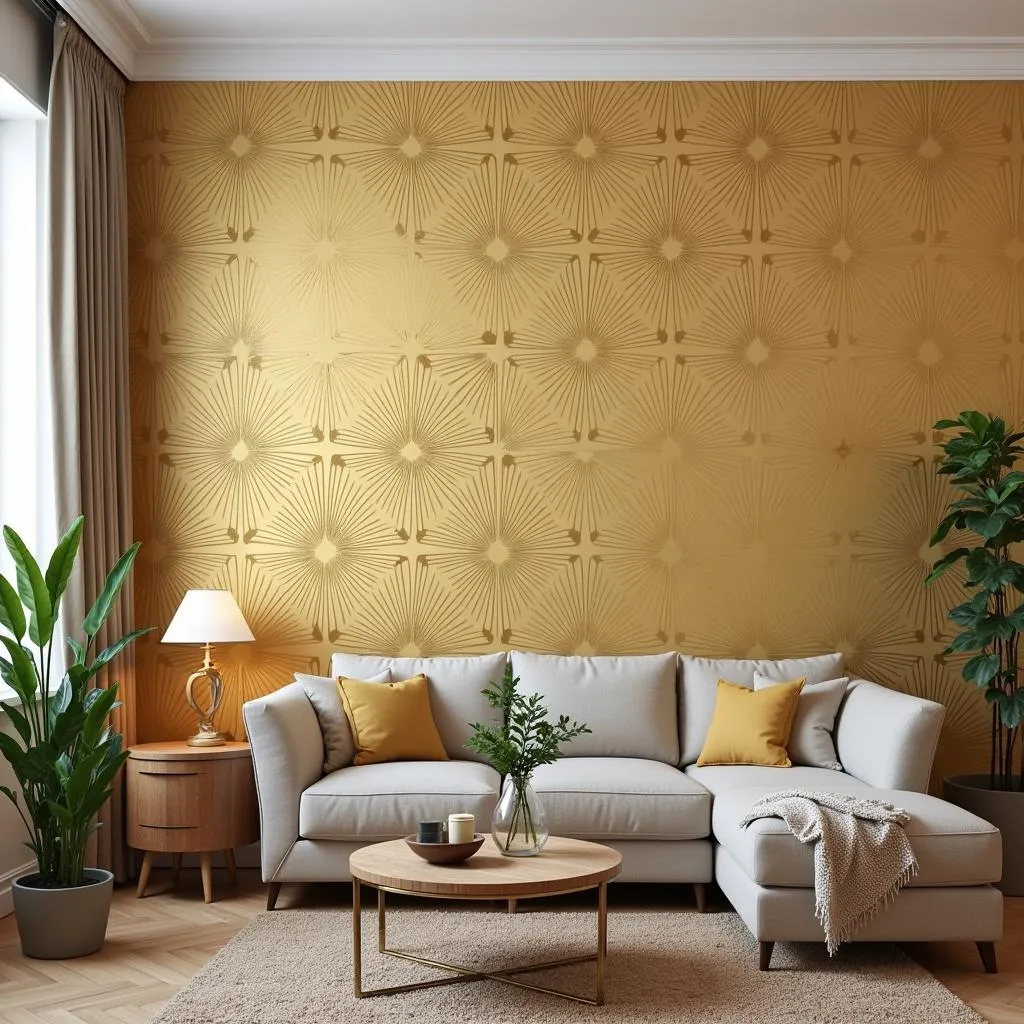 A Living Room Transformed by Gold Art Deco Wallpaper