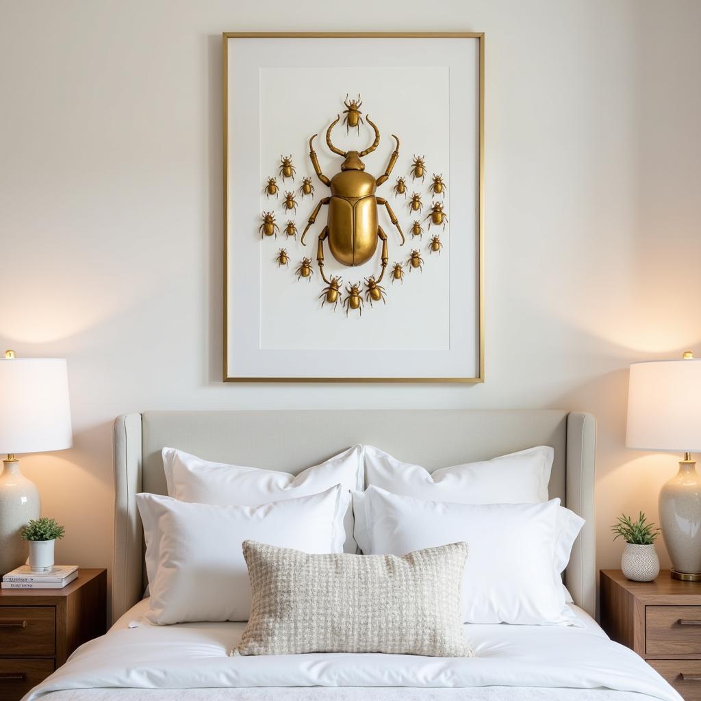 Gold Beetle Wall Art Above a Bed