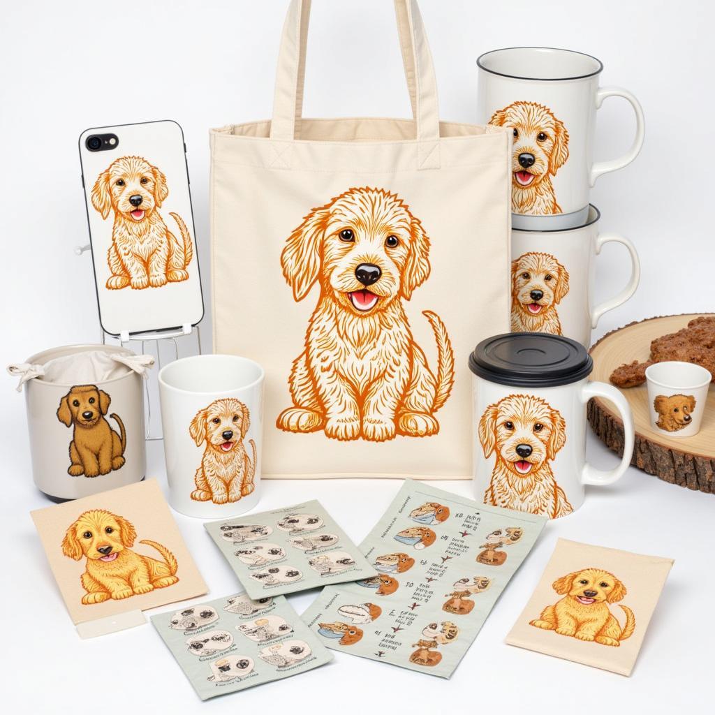 Golden doodle art used in various merchandise.