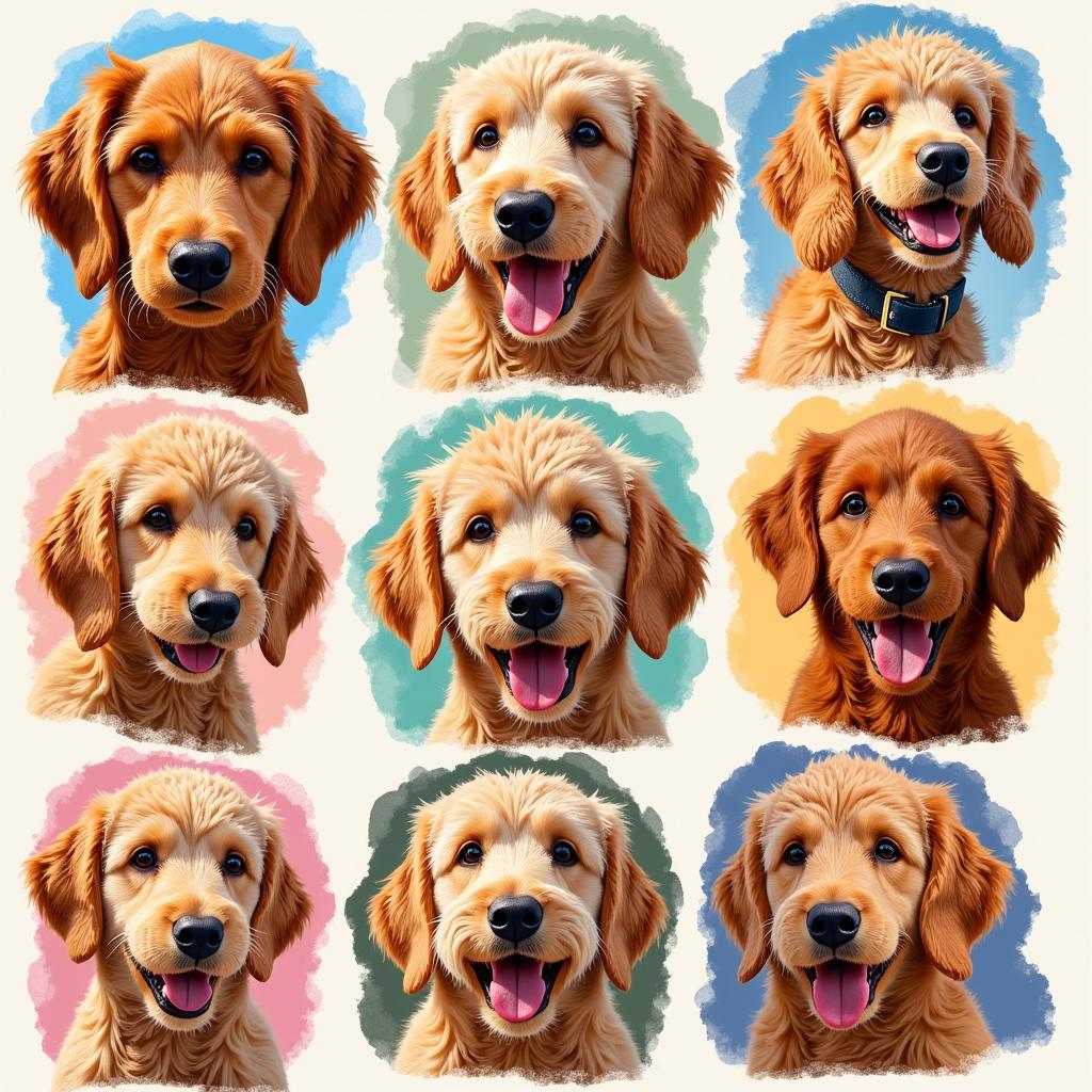 Golden doodle art in various styles