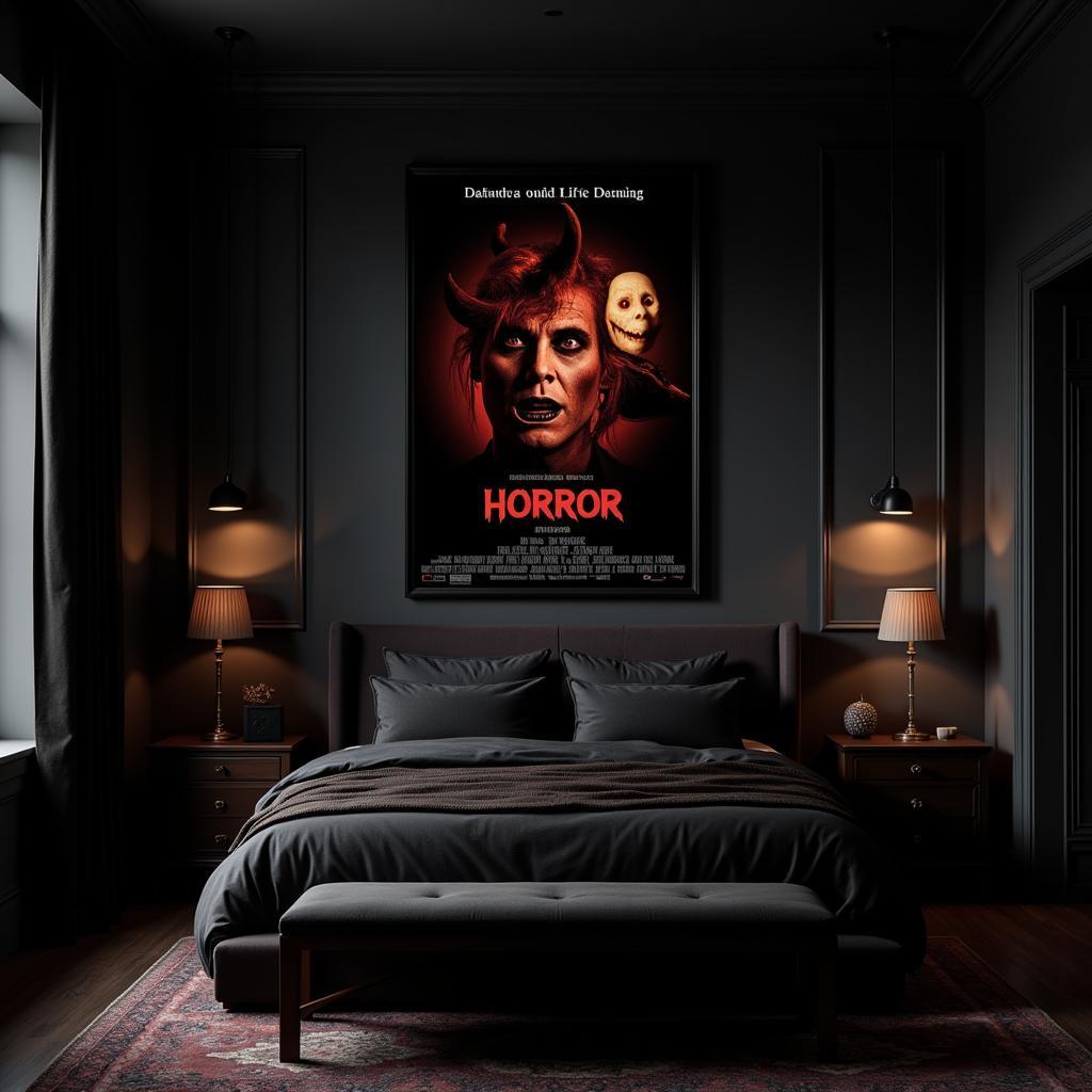 Gothic horror wall art in a bedroom