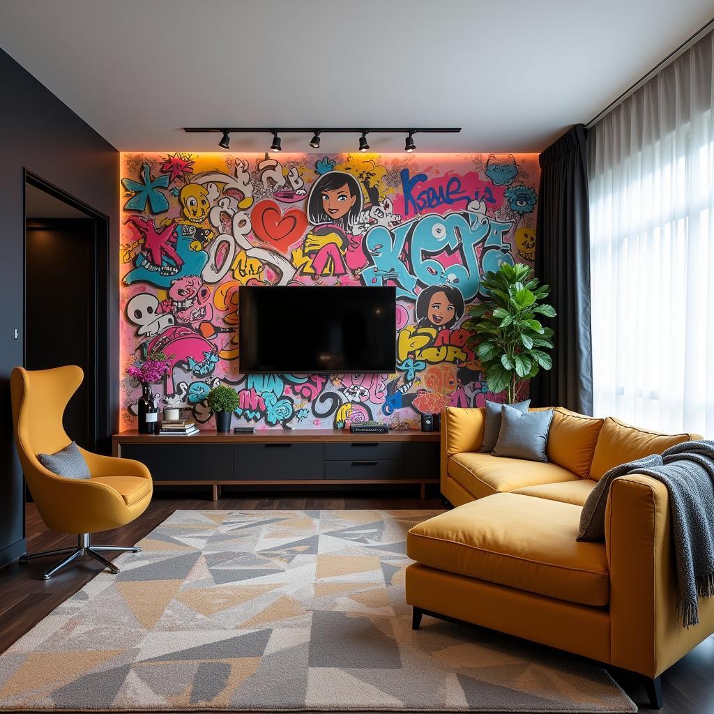 Graffiti wallpaper as an accent wall in a modern living room