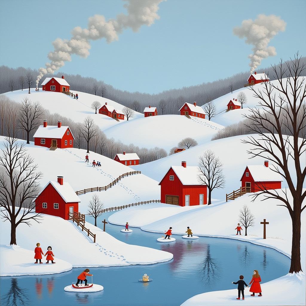 Winter landscape painting inspired by Grandma Moses