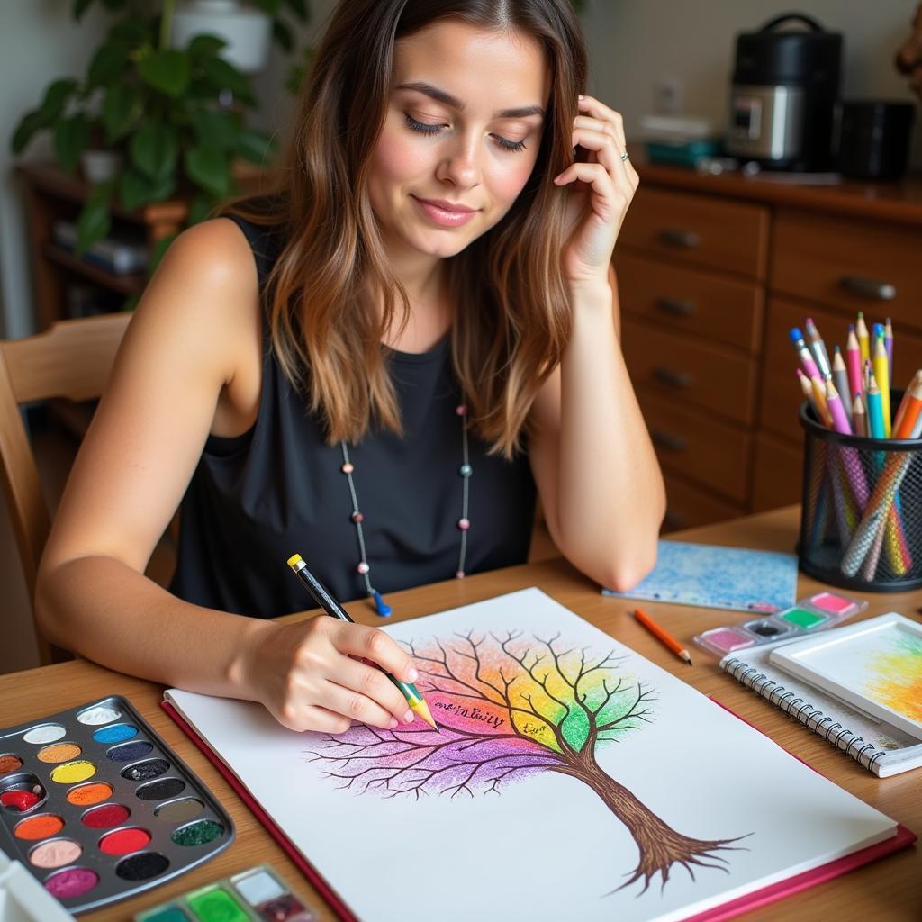 Woman creating a gratitude tree in her art journal