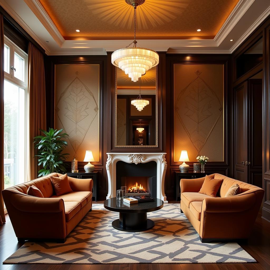 A luxurious living room with Art Deco interior design inspired by The Great Gatsby.