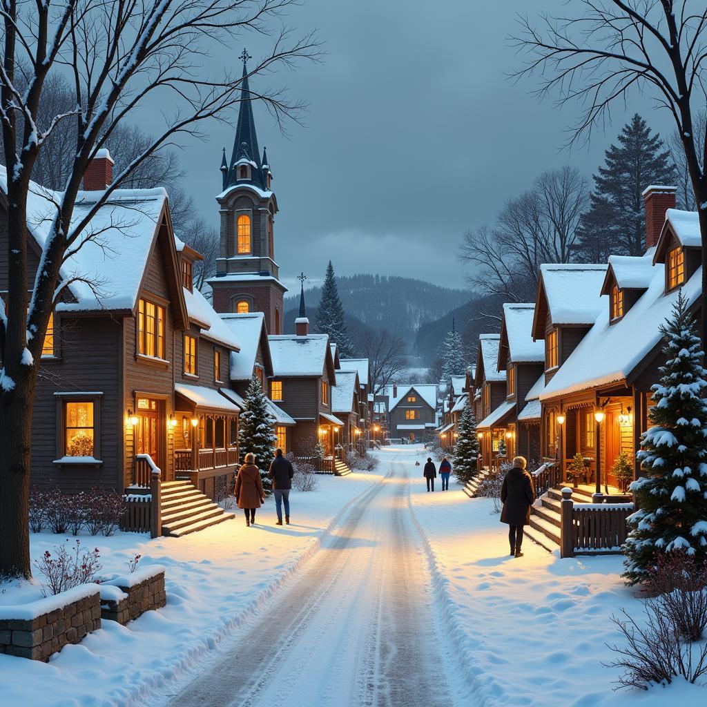 Greg Olsen painting of a snowy Christmas village