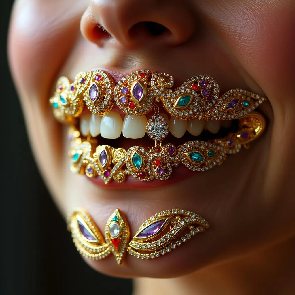 Grillz vàng đính kim cương và đá quý