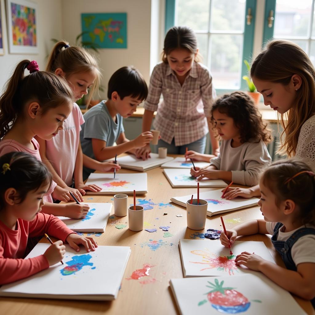 A diverse group of children engaged in an art class