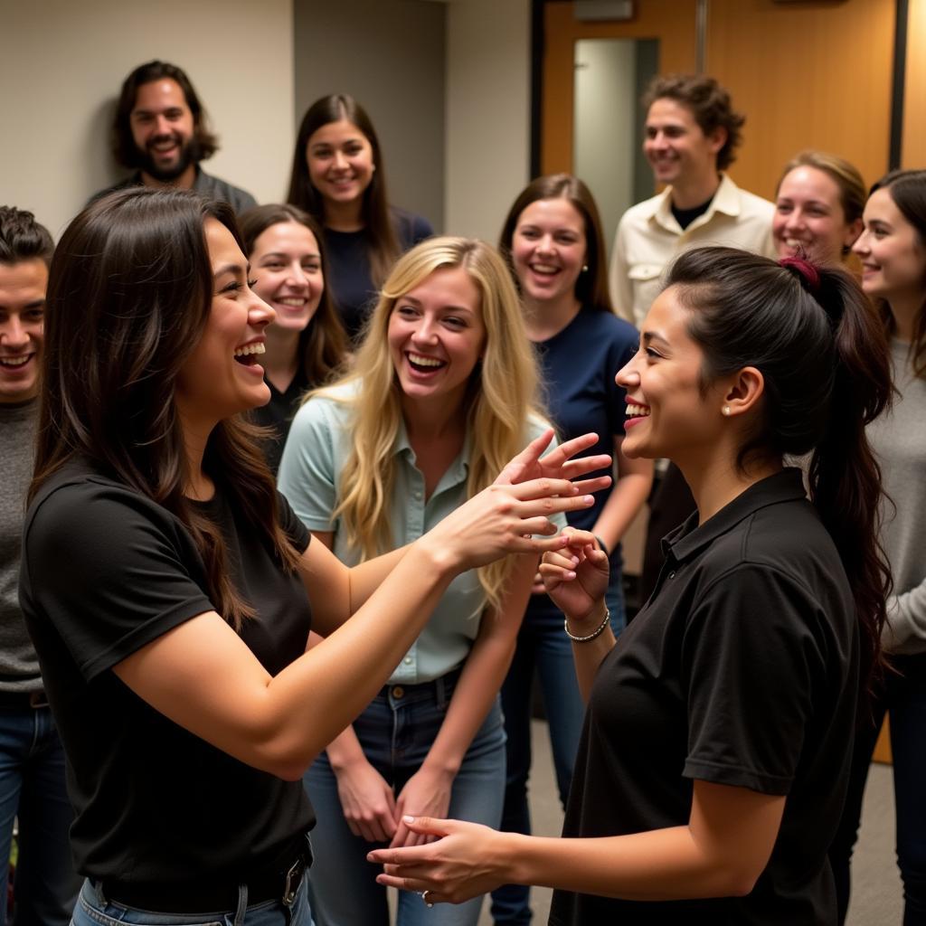  Individuals embracing "pretend" in an improv workshop