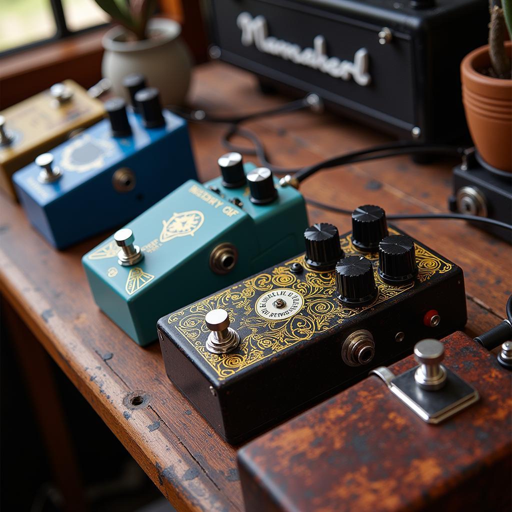 A guitarist activating a custom art pedal with a hand-painted design.