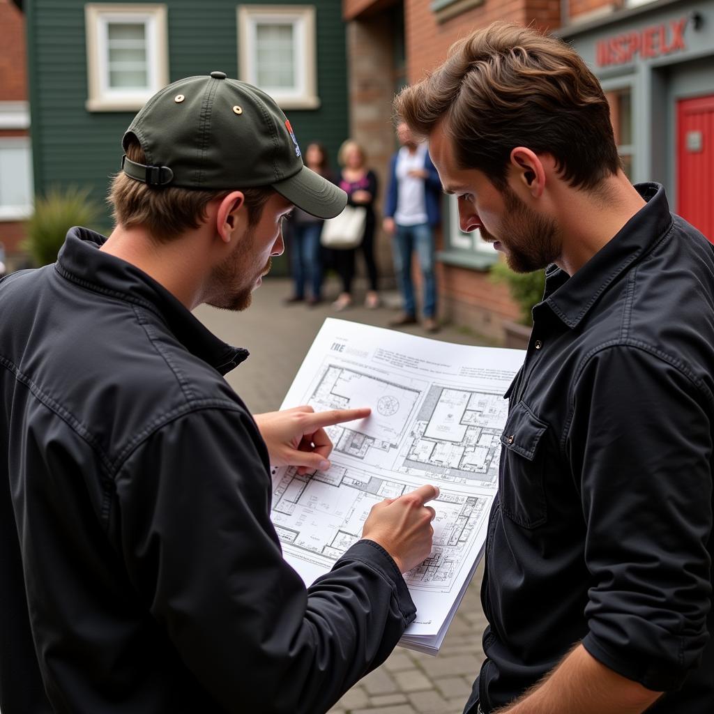 Two Film Crew members discussing set design