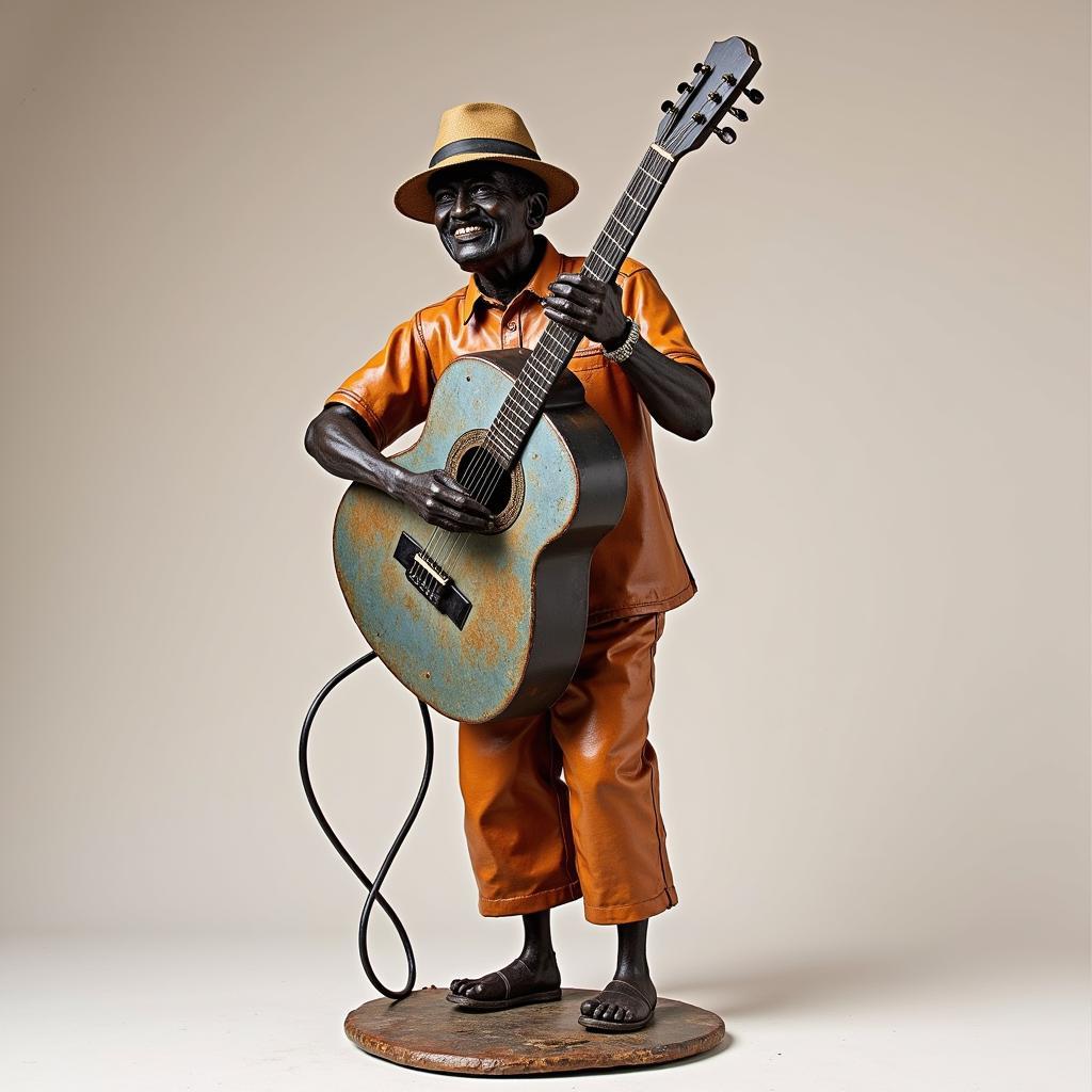 A vibrant Haitian metal art sculpture depicting a musician playing a traditional instrument.