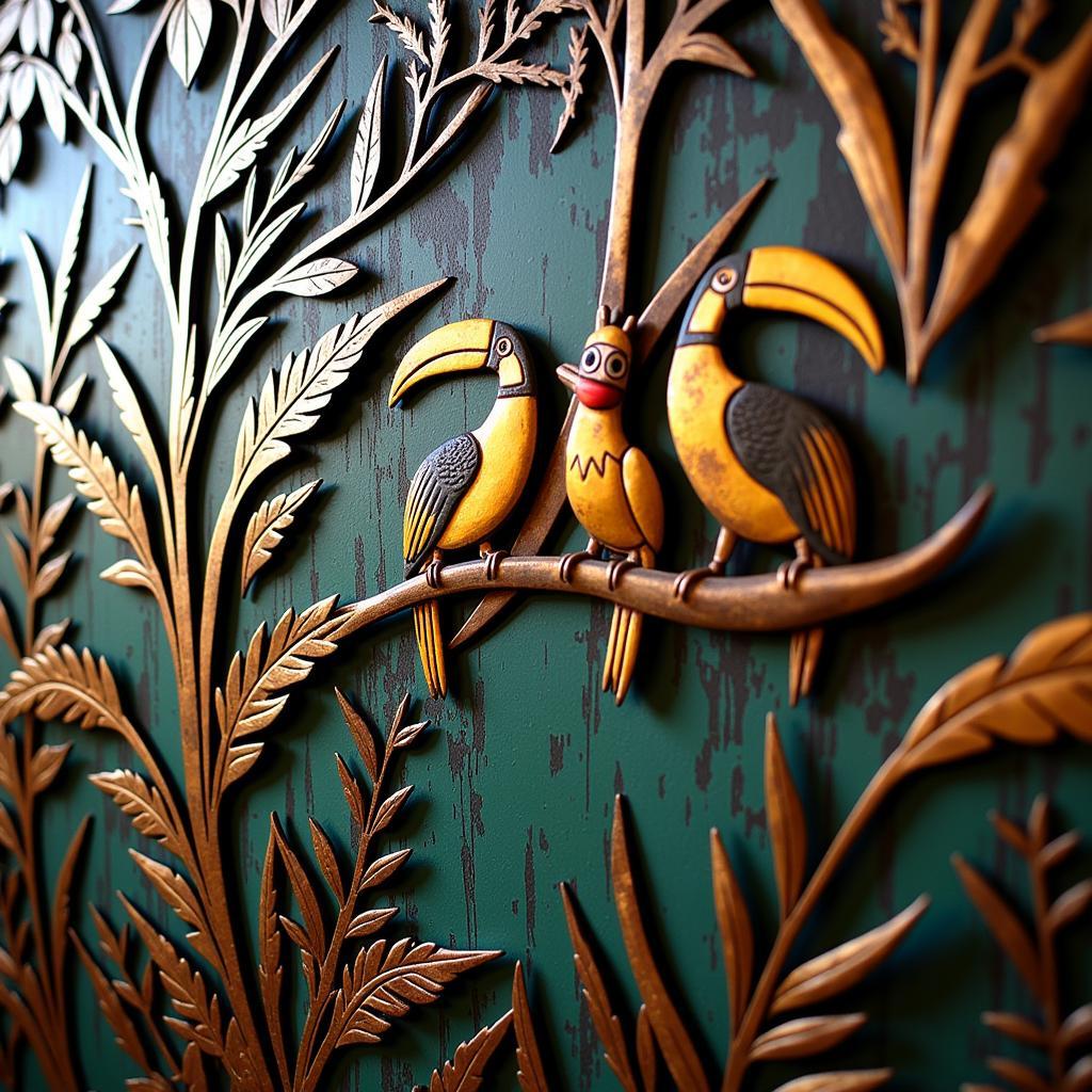 Haitian metal wall decor showcasing intricate patterns of birds and foliage.