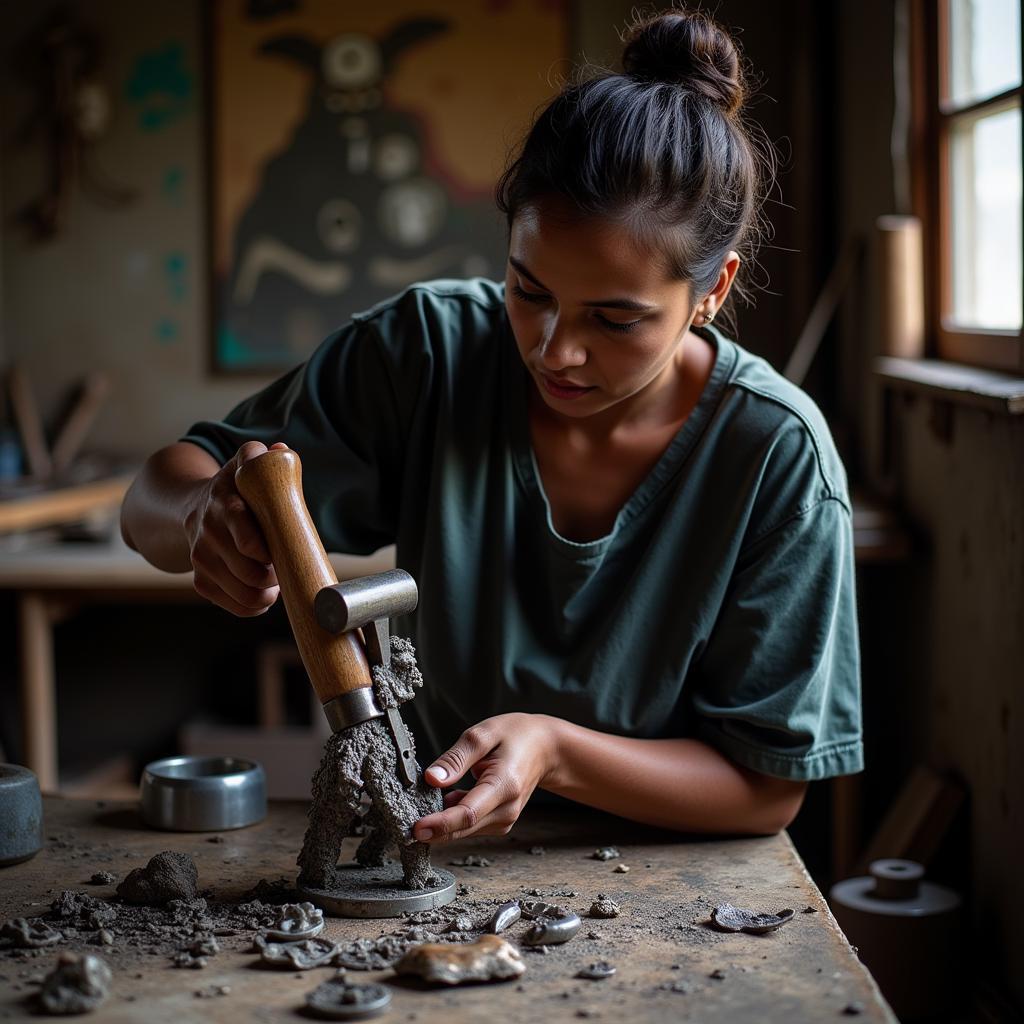 Haitian Metal Artist Creating Sculpture in Workshop