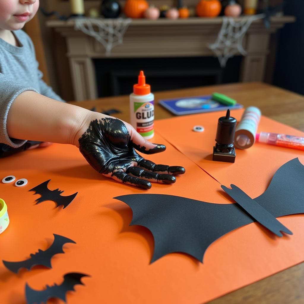 Kids crafting Halloween bat handprints