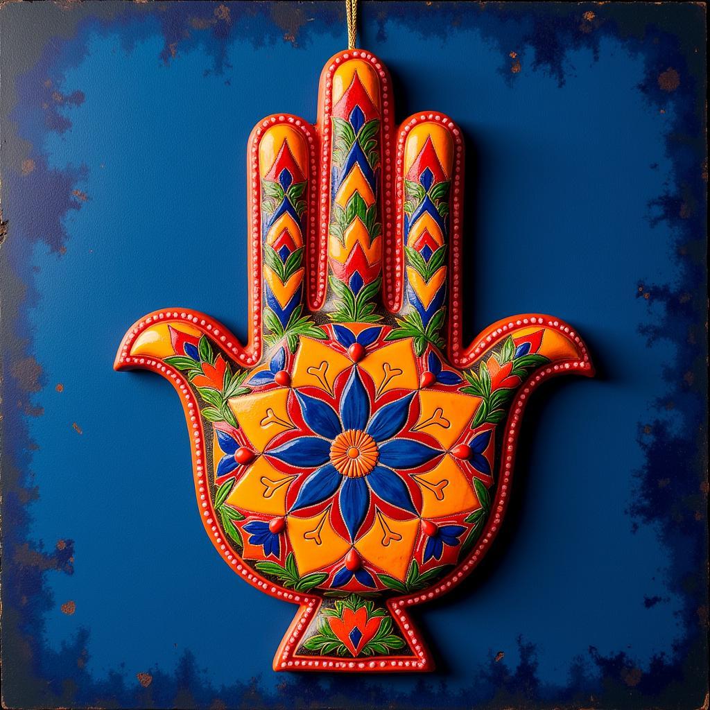 A vibrant hand-painted hamsa wall hanging with floral motifs