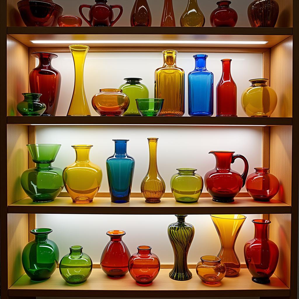 A collection of colorful hand-blown glass art on display