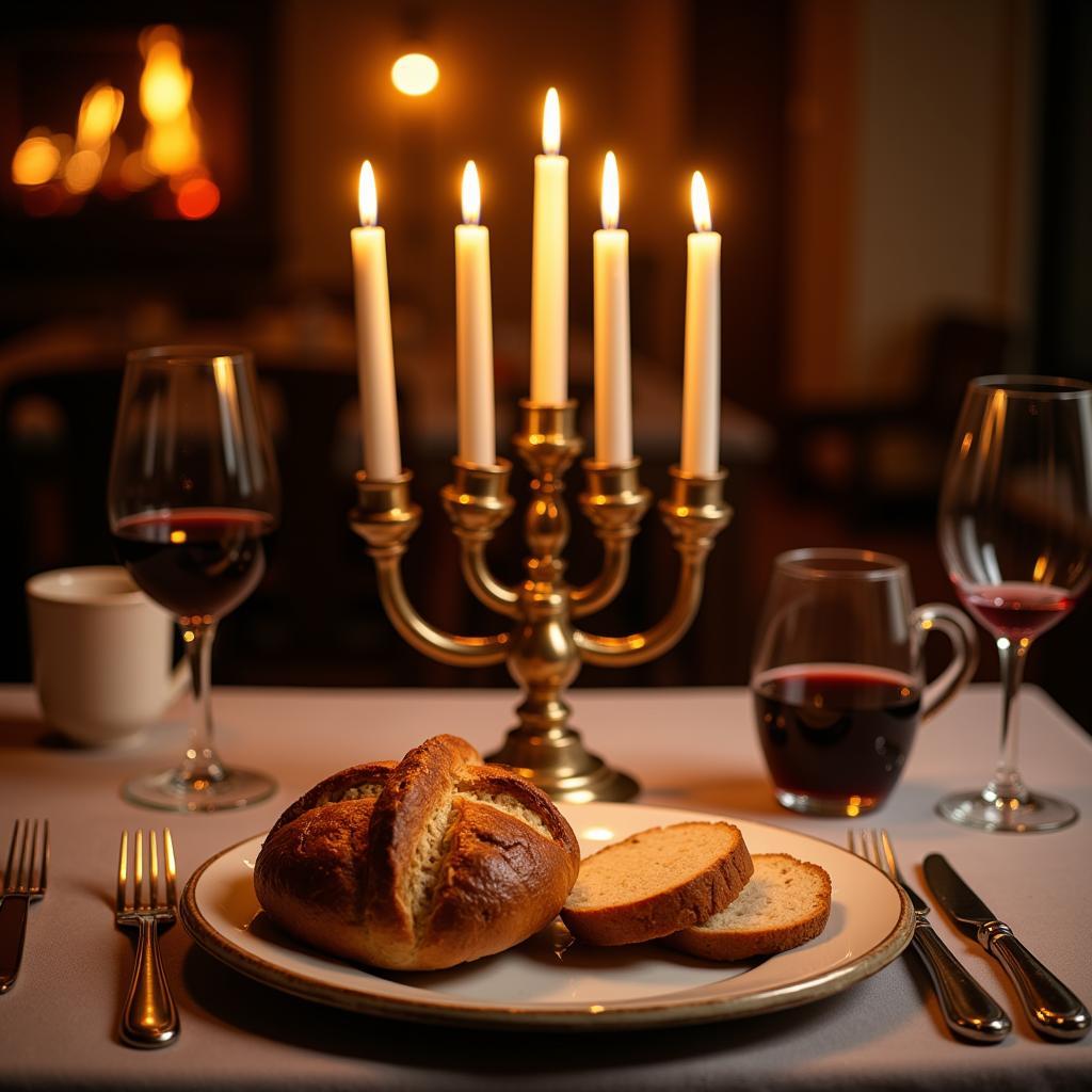 Handcrafted Menorah Illuminating a Shabbat Table