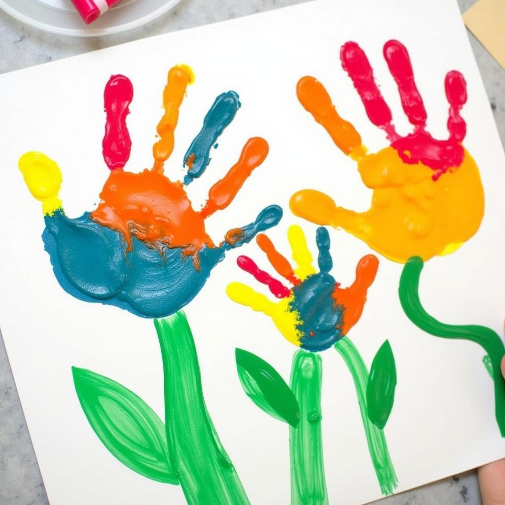 Colorful handprint flowers craft on a table.