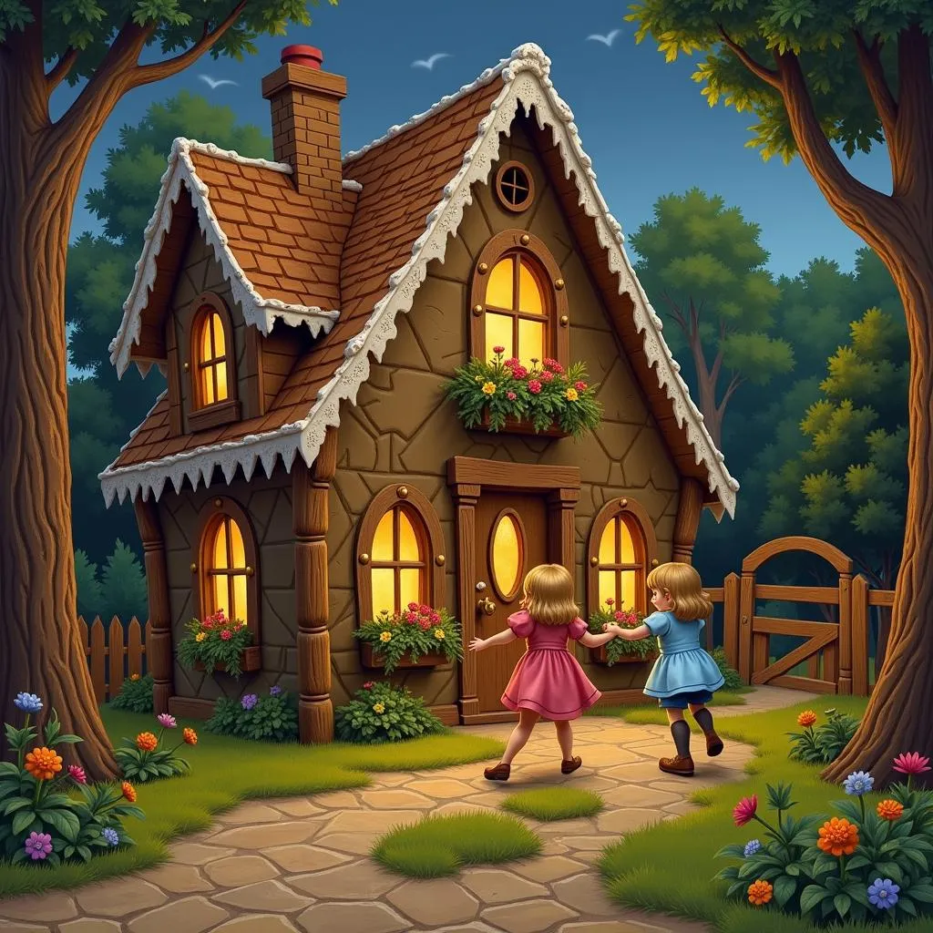 Hansel and Gretel escaping the witch