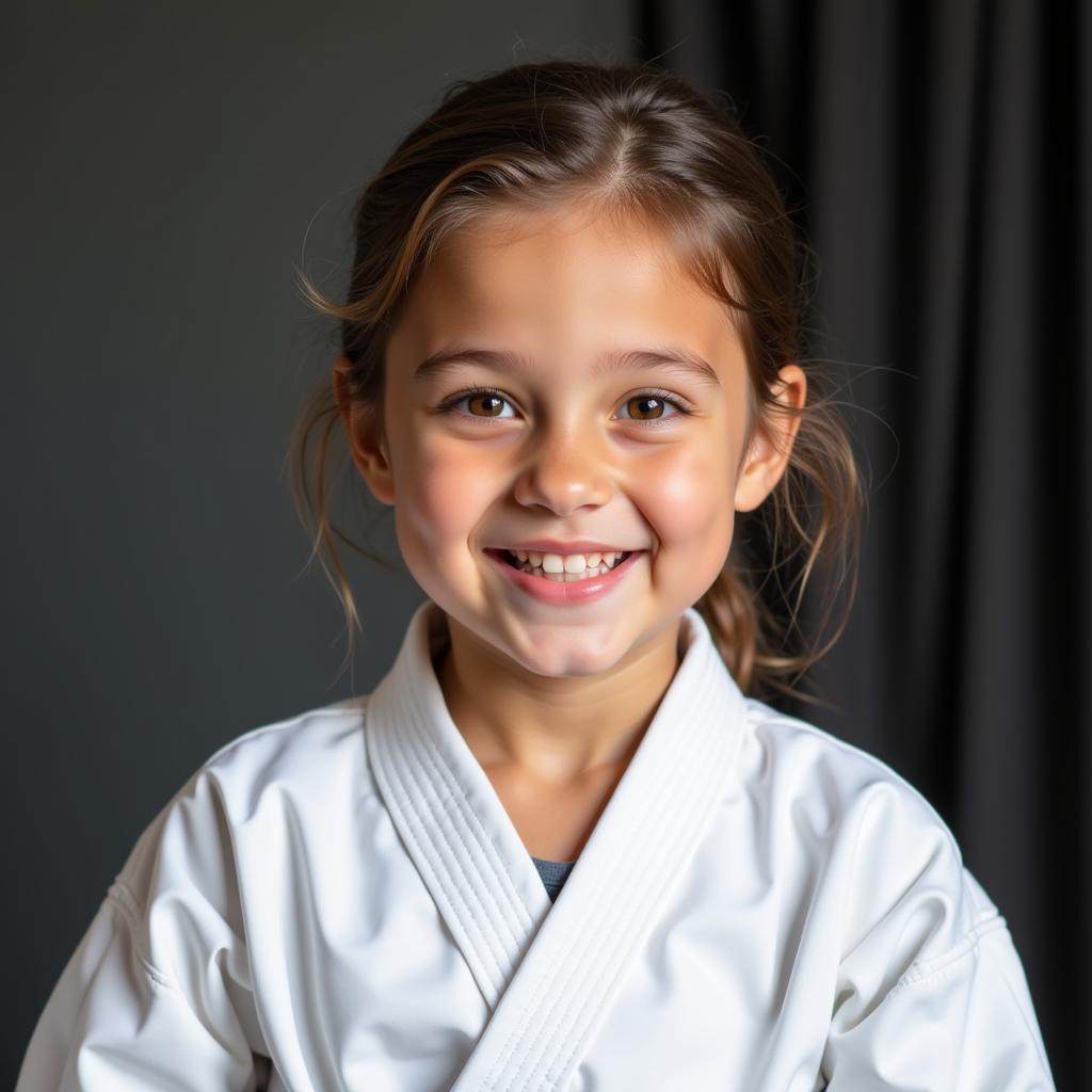 A happy child smiling in a martial arts uniform