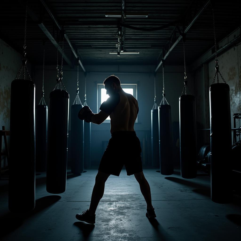 Heavy bag training in a boxing gym