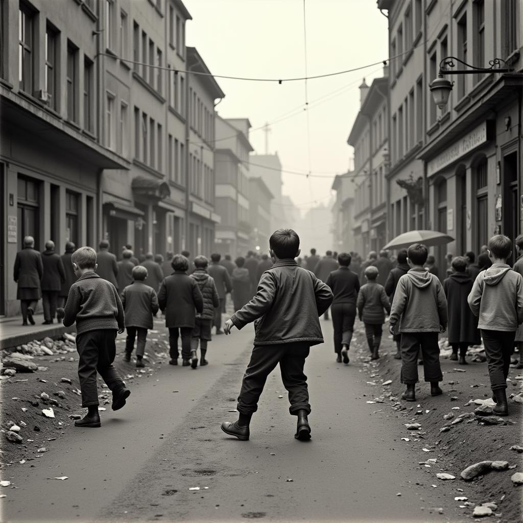 Heinrich Zille's artwork depicting children playing in a crowded Berlin street