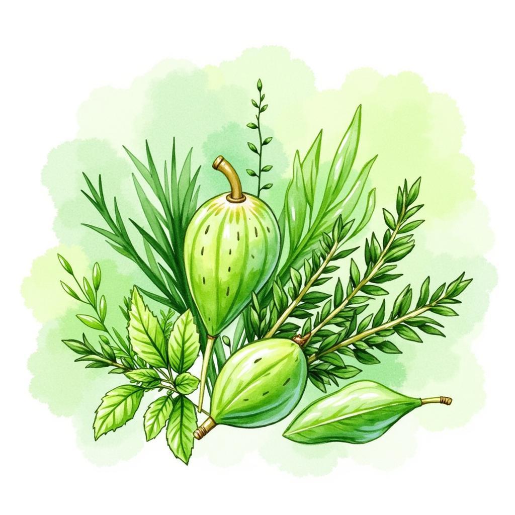 Vibrant Watercolor Painting of Herbs