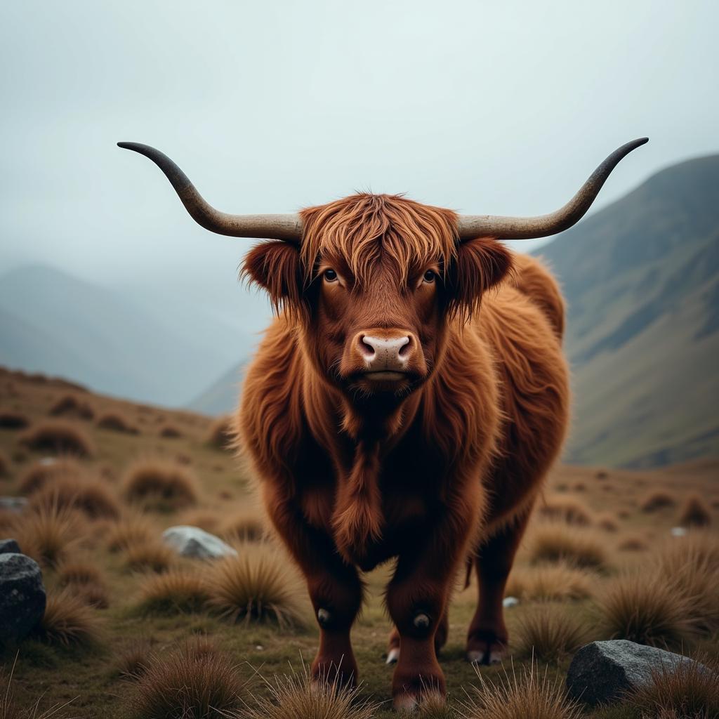 Highland cow standing in a misty Scottish landscape