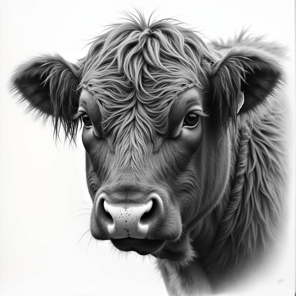 Close-up charcoal drawing of a Highland cow's face