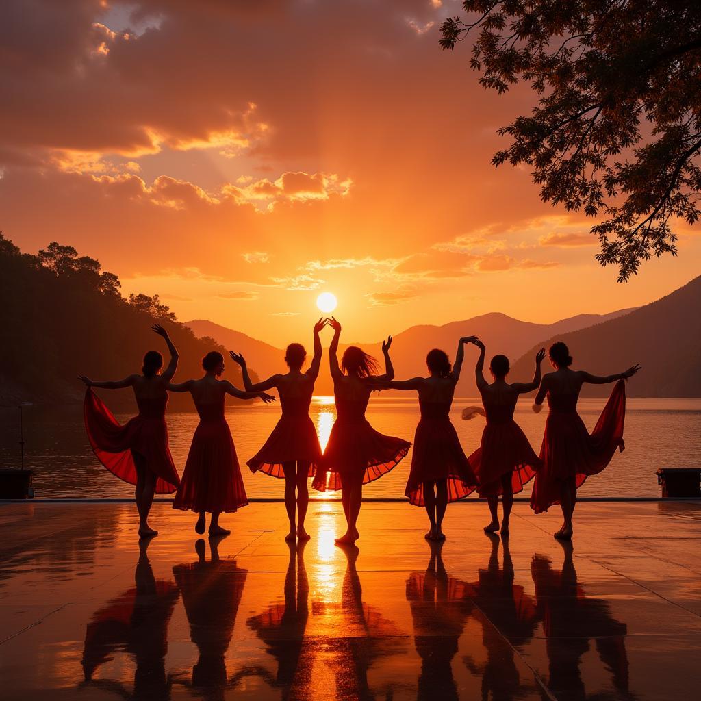 Dancers performing on stage by the lake