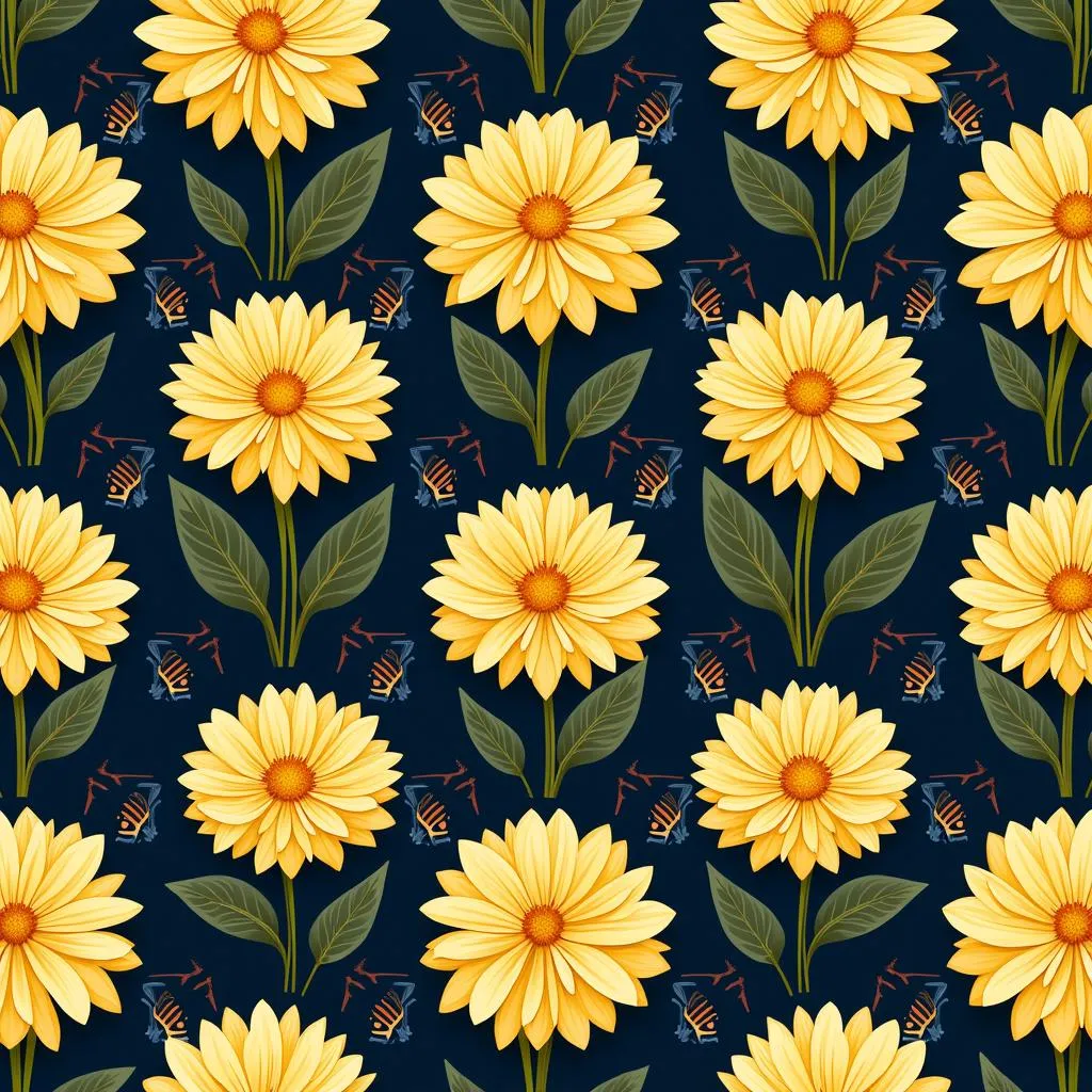 Art Deco Pattern with Yellow Dahlia Floral Motifs and Navy Blue Background